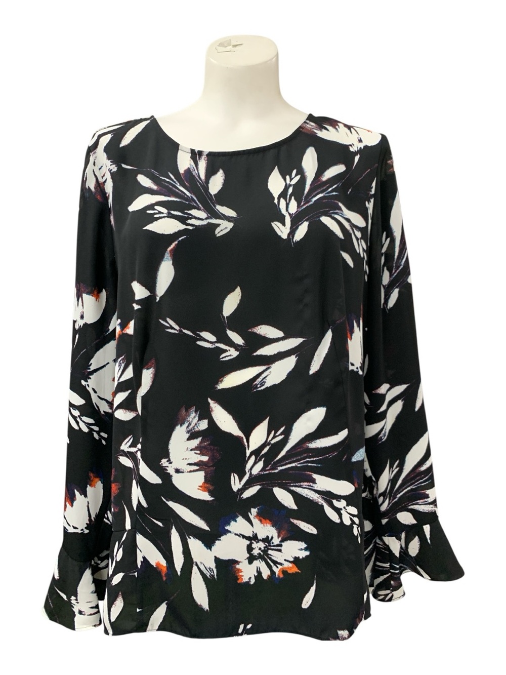 Black Floral Print Long-Sleeve Women's Blouse
